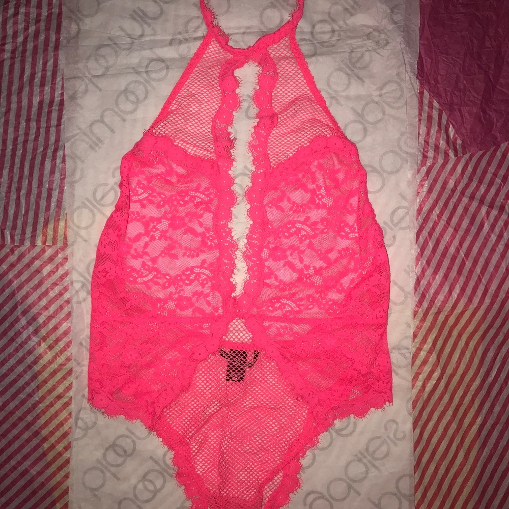 Victoria’s Secret Very Sexy High Neck Halter Plunge Hot Pink Bodysuit Medium
